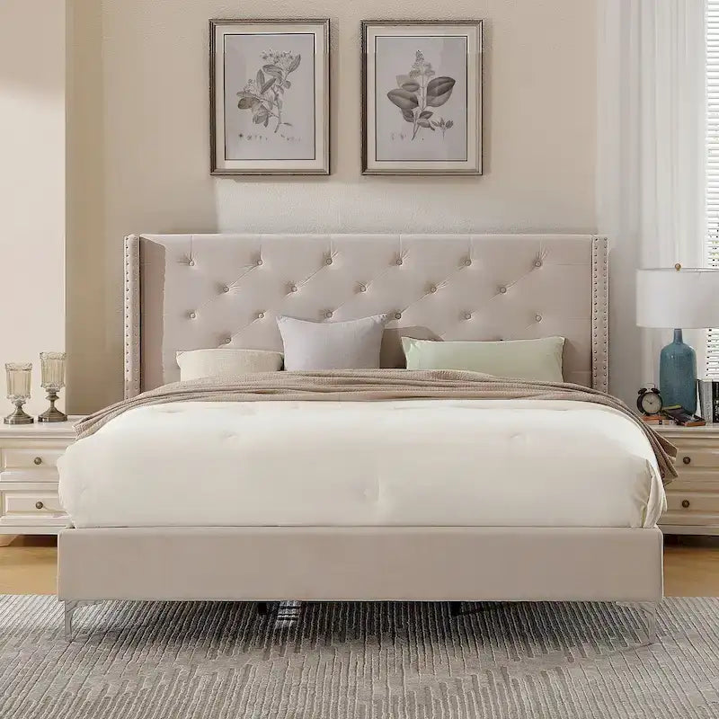 Velvet Upholstered Platform Bed - California King