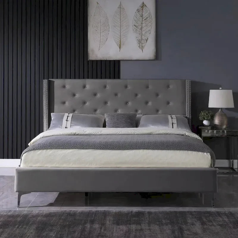 Velvet Upholstered Platform Bed - California King