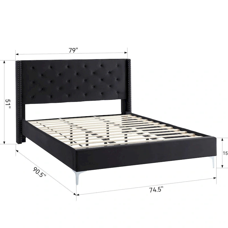 Velvet Upholstered Platform Bed - California King