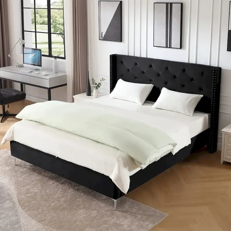Velvet Upholstered Platform Bed - California King