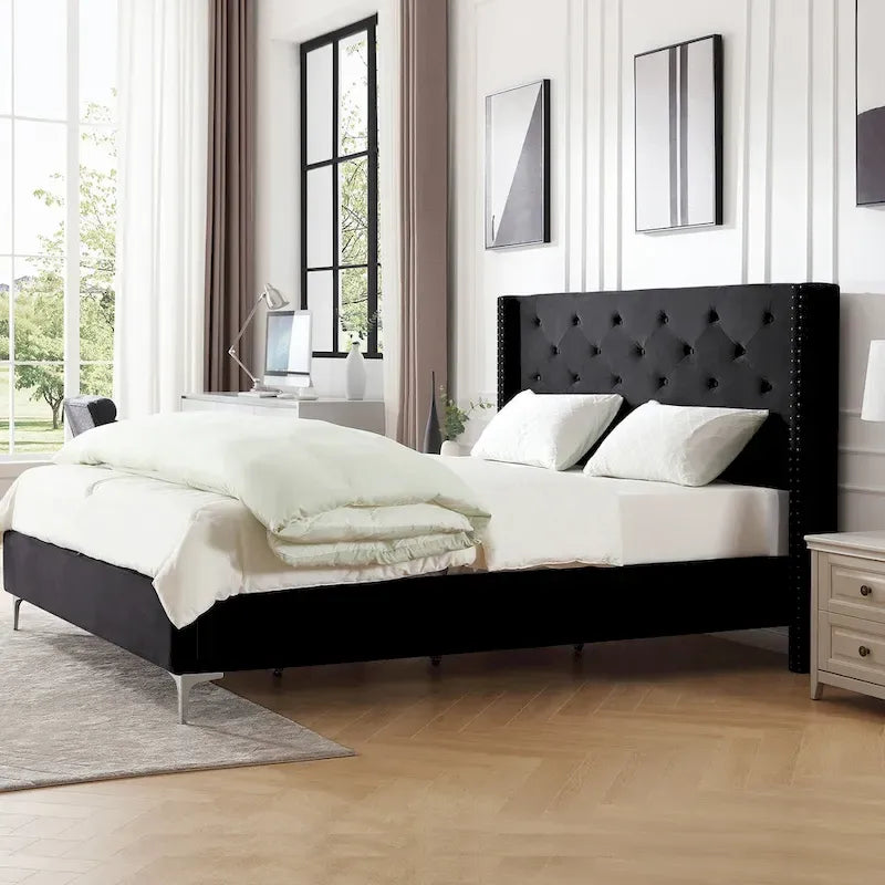 Velvet Upholstered Platform Bed - California King
