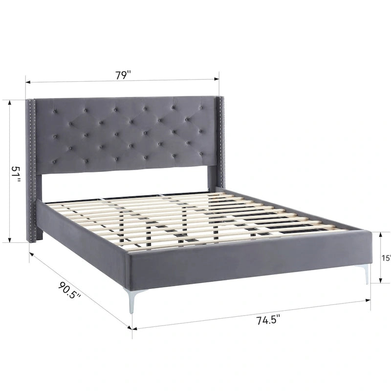 Velvet Upholstered Platform Bed - California King