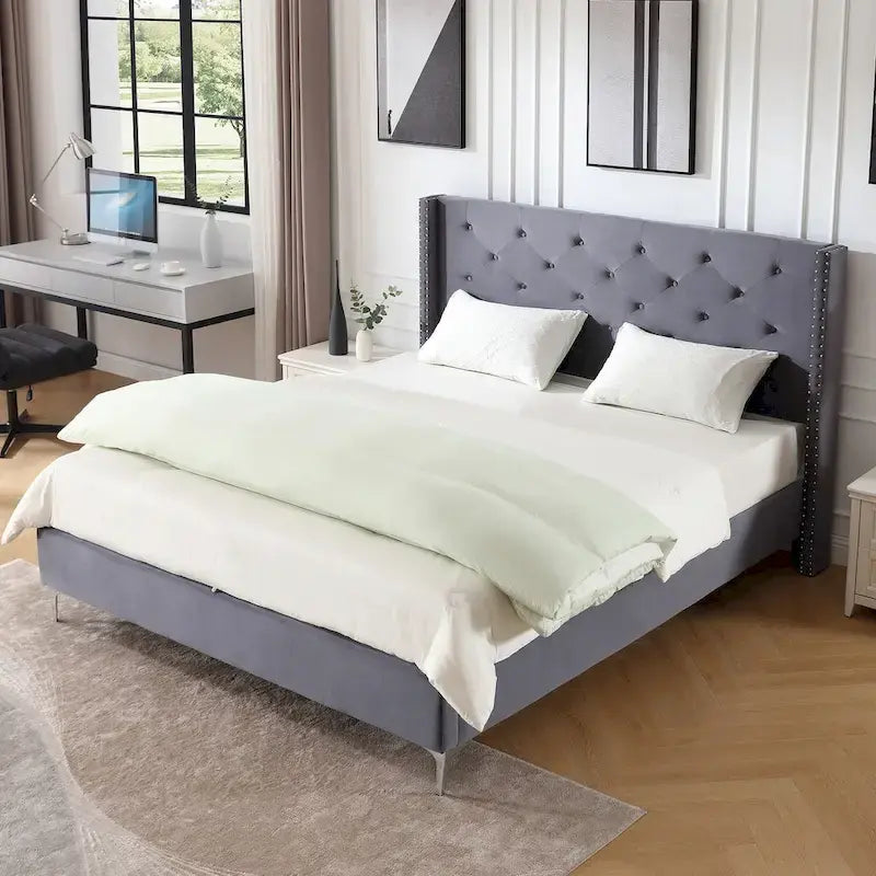 Velvet Upholstered Platform Bed - California King