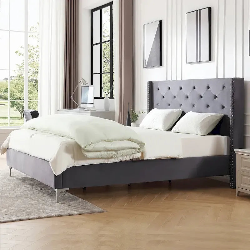 Velvet Upholstered Platform Bed - California King