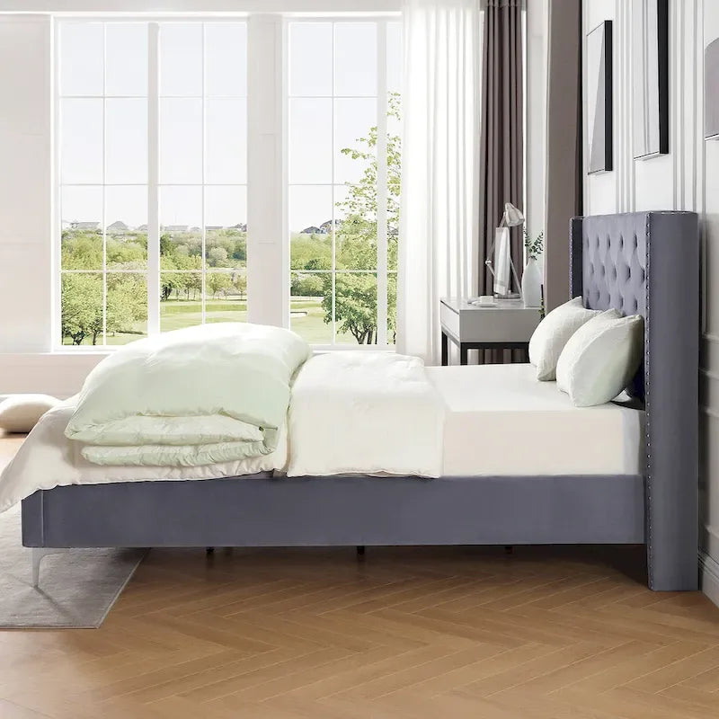 Velvet Upholstered Platform Bed - California King