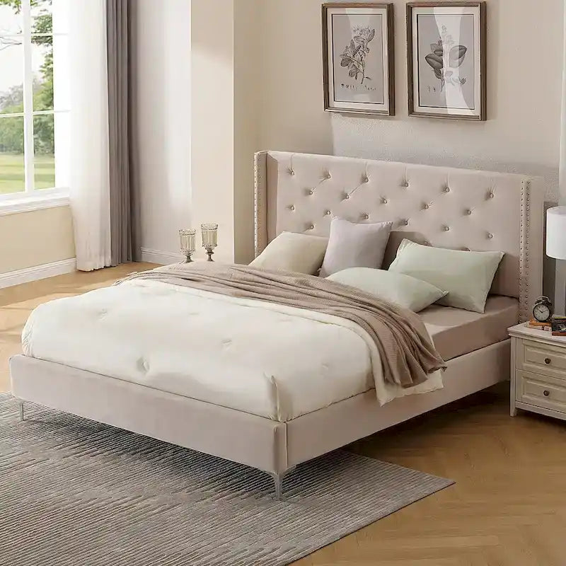 Velvet Upholstered Platform Bed - California King