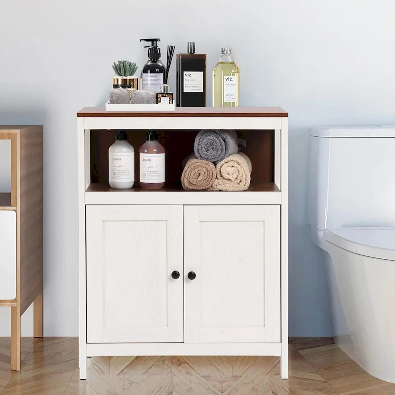 White and Brown Wood 2-Door Bathroom Storage Cabinet - 30.25  H x 23.63  W x 12.4  D
