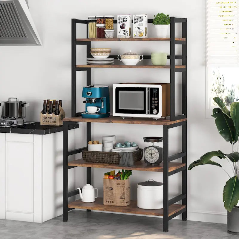 5-Tier Kitchen Bakers Rack with Hutch - Brown/Black/White
