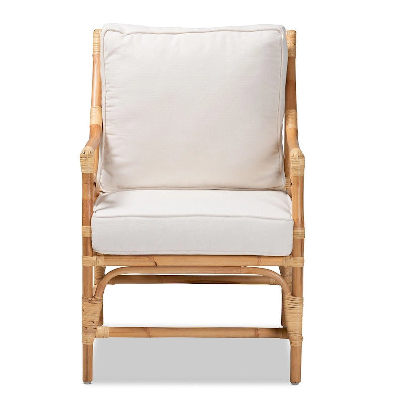 White and Natural Rattan Armchair with Cushion