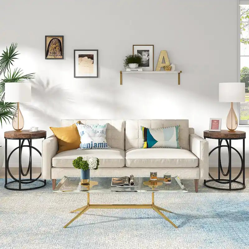 White Marble Round End Table with Gold O-Shaped Base - 20 inch