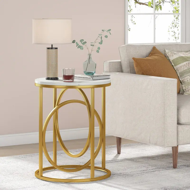 White Marble Round End Table with Gold O-Shaped Base - 20 inch