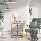 White Marble Round End Table with Gold O-Shaped Base - 20 inch