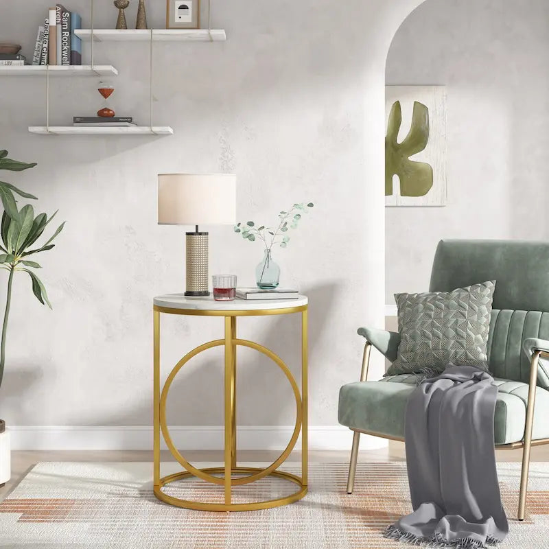 White Marble Round End Table with Gold O-Shaped Base - 20 inch