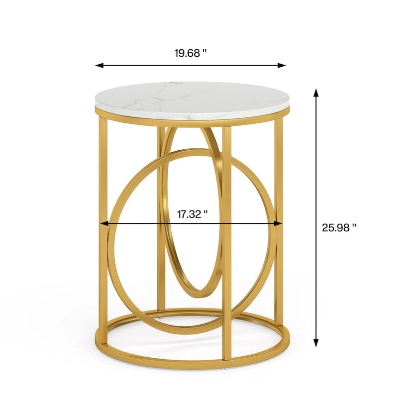 White Marble Round End Table with Gold O-Shaped Base - 20 inch