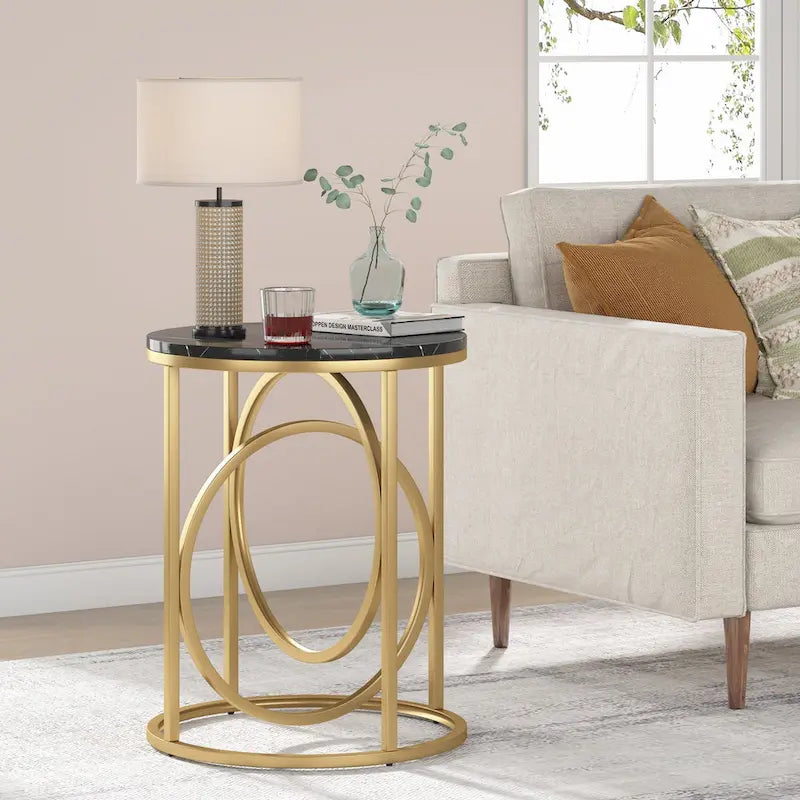 White Marble Round End Table with Gold O-Shaped Base - 20 inch