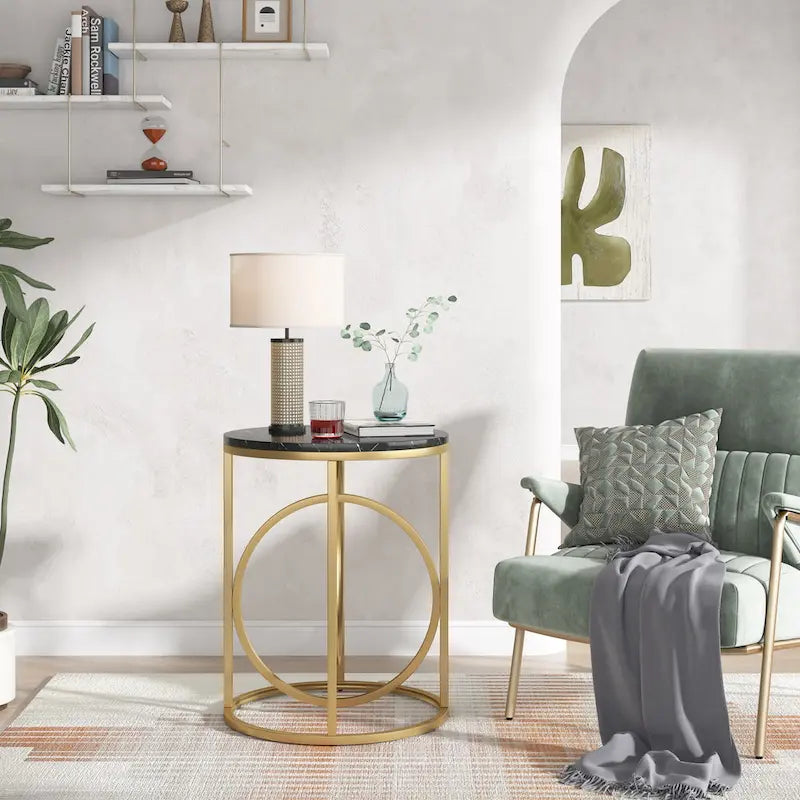 White Marble Round End Table with Gold O-Shaped Base - 20 inch