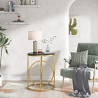 White Marble Round End Table with Gold O-Shaped Base - 20 inch