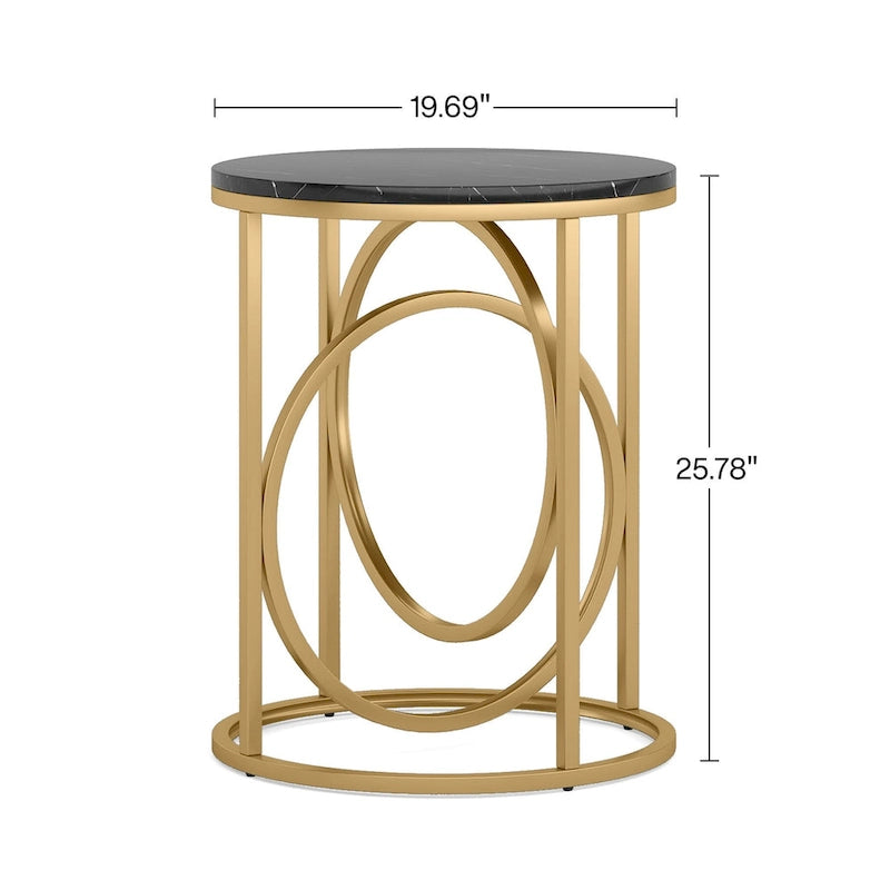 White Marble Round End Table with Gold O-Shaped Base - 20 inch