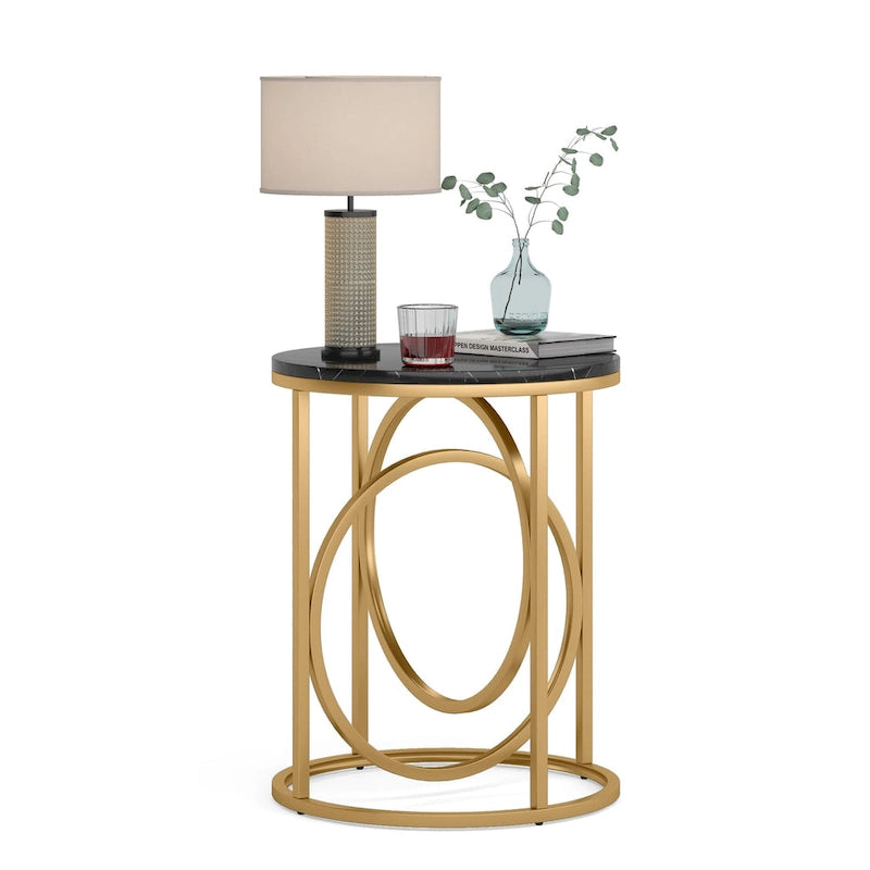 White Marble Round End Table with Gold O-Shaped Base - 20 inch