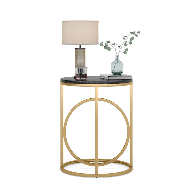 White Marble Round End Table with Gold O-Shaped Base - 20 inch
