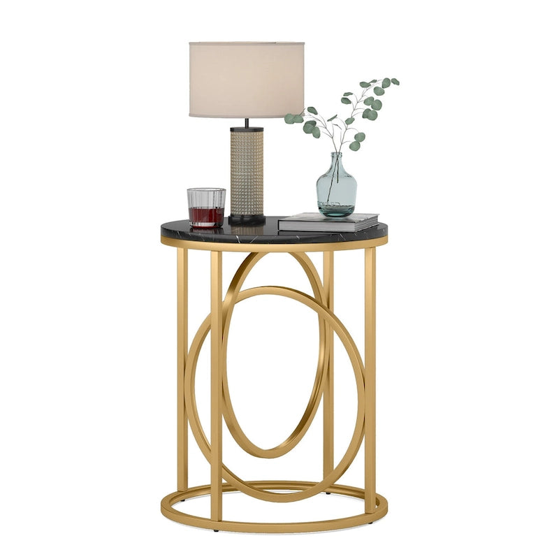 White Marble Round End Table with Gold O-Shaped Base - 20 inch