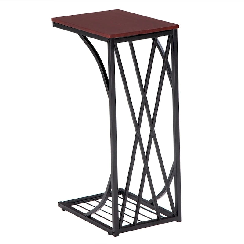 C-Shaped Snack Table Heavy-Duty Sofa Side Table for Living Room with Brown Wood Top