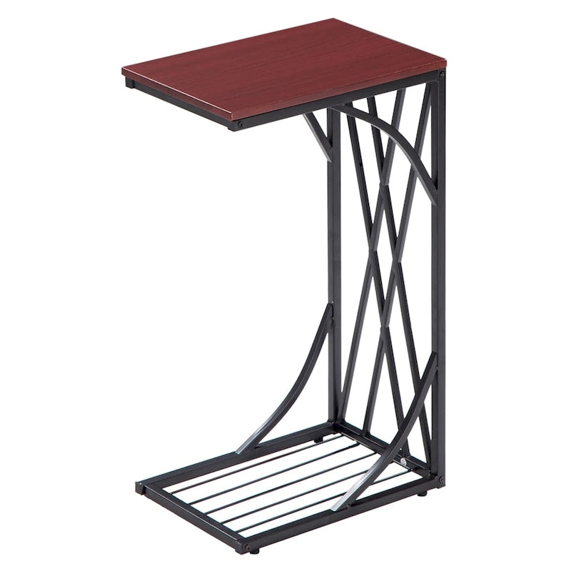 C-Shaped Snack Table Heavy-Duty Sofa Side Table for Living Room with Brown Wood Top
