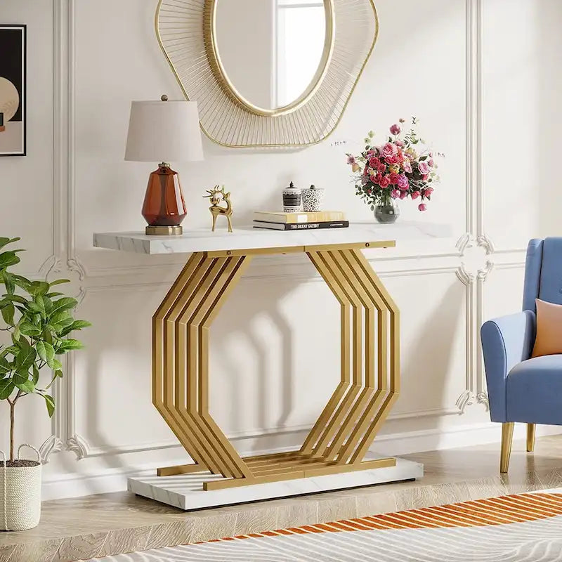 Gold Console Table, Faux Marble Entryway Table Narrow Sofa Table with Geometric Metal Base, 40 Inch Modern Accent Table