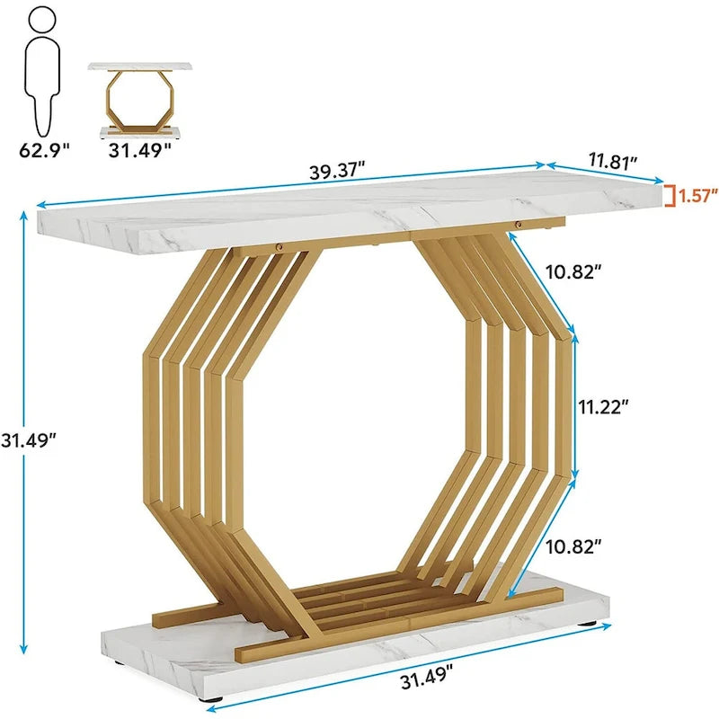 Gold Console Table, Faux Marble Entryway Table Narrow Sofa Table with Geometric Metal Base, 40 Inch Modern Accent Table