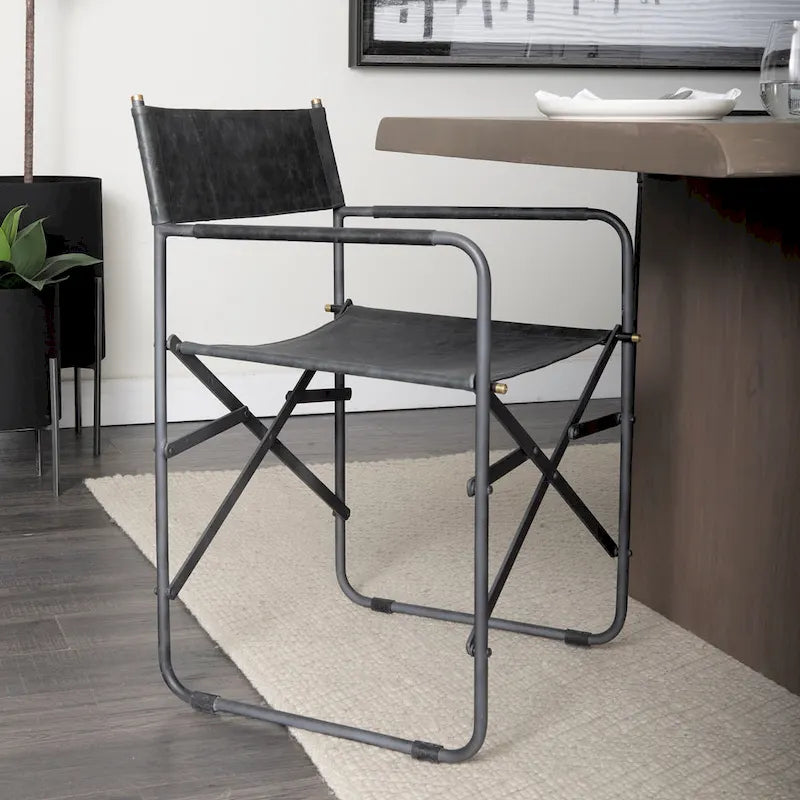 Direttore Black Genuine Leather Seat With Black Iron Frame Dining Chair - 19.7 W x 21.7 D x 33 H
