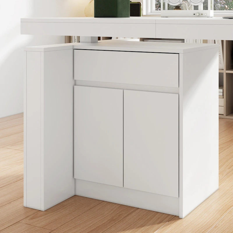 Ergonomic Sit-Stand Desk Pure White Elegance with Side Cabinet Table