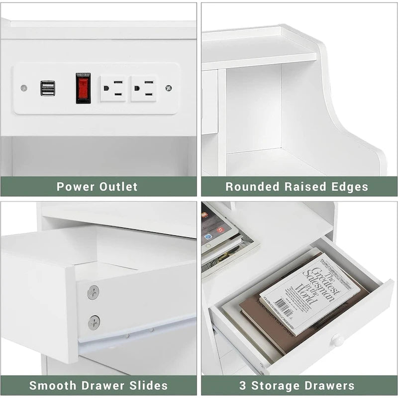 Nightstand 3 Drawers Charging Station End Side Table Bedroom