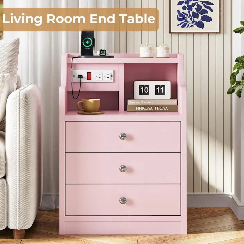 Nightstand 3 Drawers Charging Station End Side Table Bedroom
