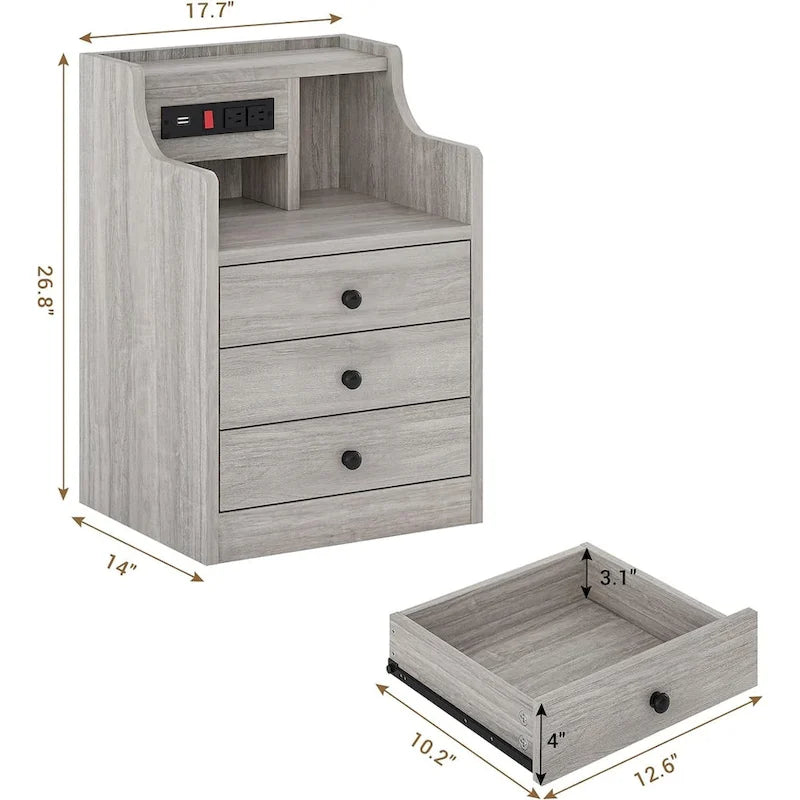 Nightstand 3 Drawers Charging Station End Side Table Bedroom