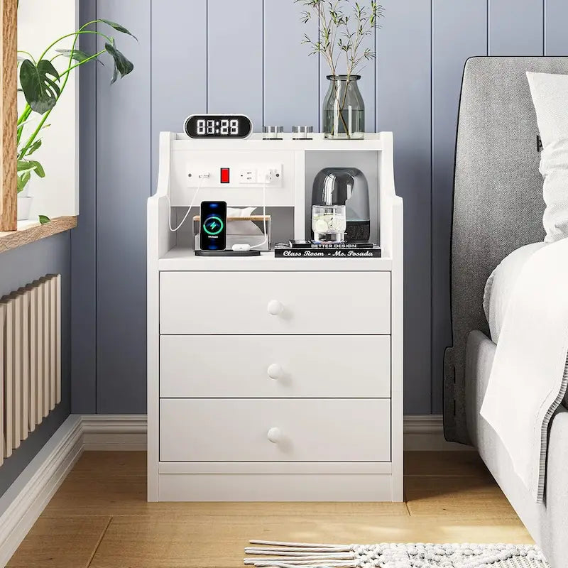 Nightstand 3 Drawers Charging Station End Side Table Bedroom