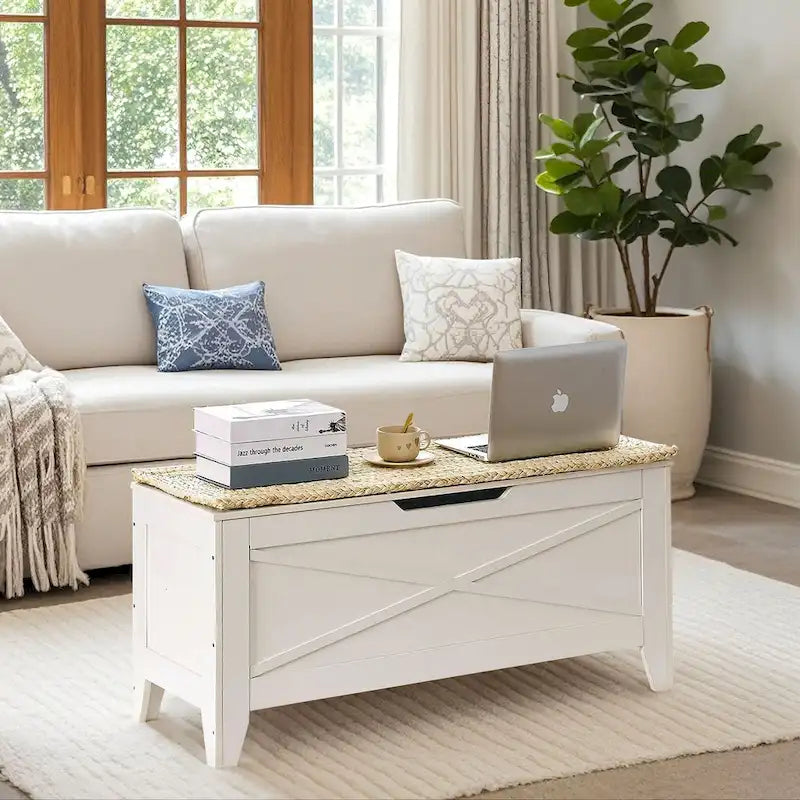Grey Wooden Storage Bench with Wicker Mat - Medium/Large