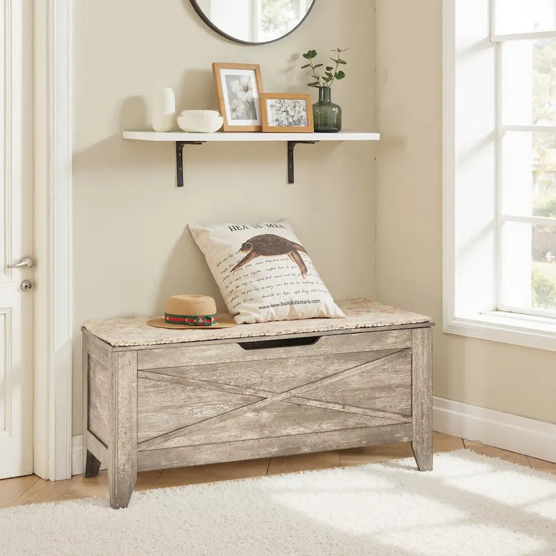 Grey Wooden Storage Bench with Wicker Mat - Medium/Large