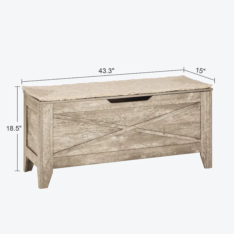 Grey Wooden Storage Bench with Wicker Mat - Medium/Large