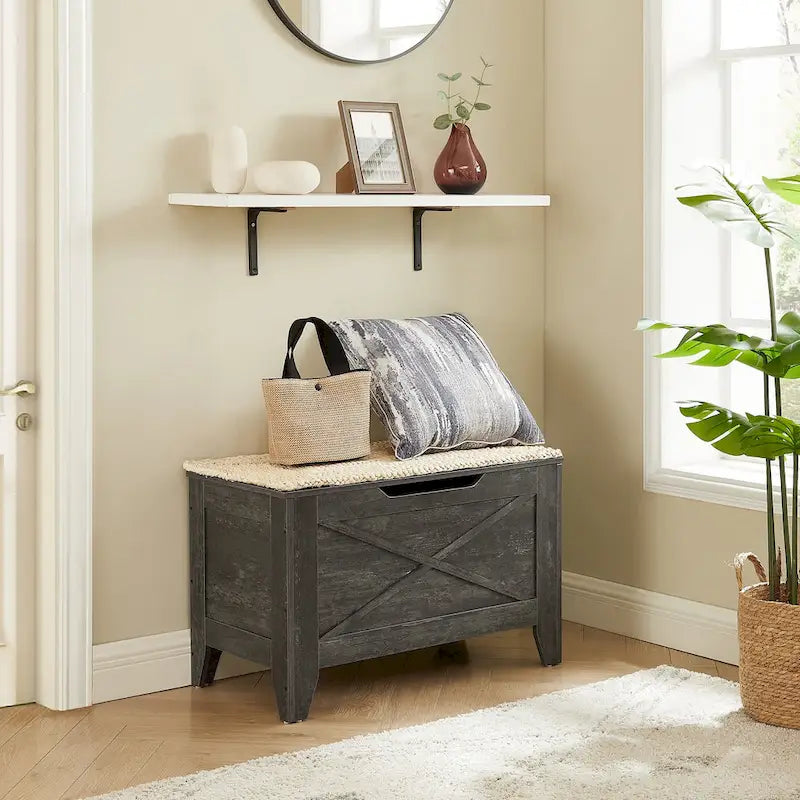 Grey Wooden Storage Bench with Wicker Mat - Medium/Large