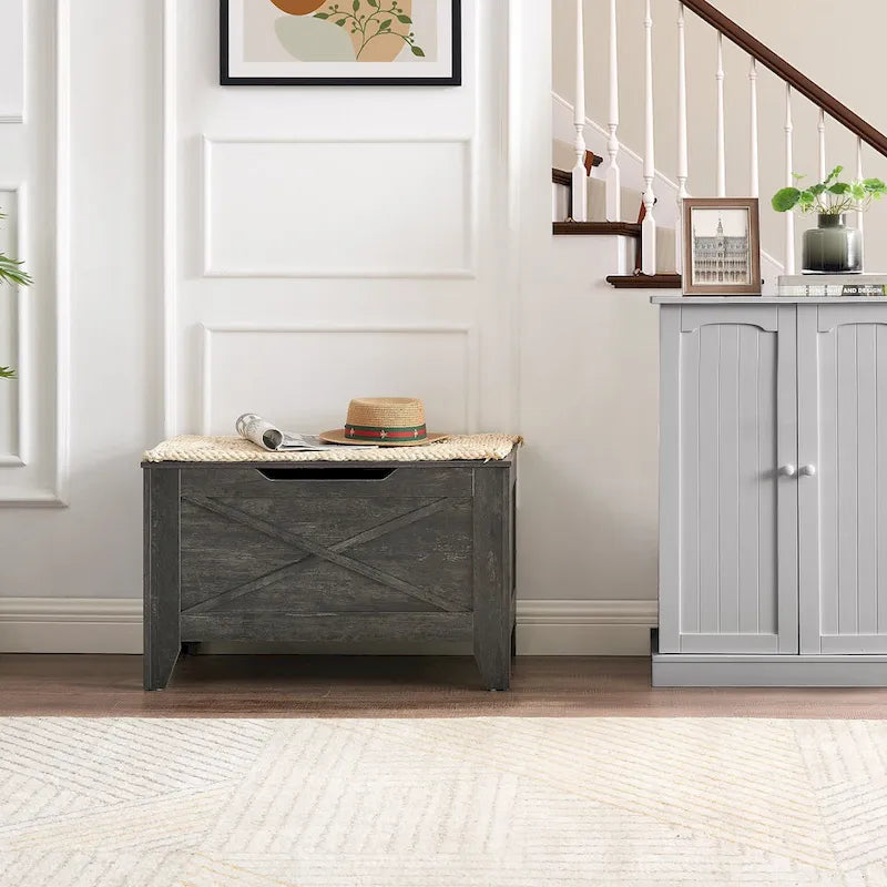 Grey Wooden Storage Bench with Wicker Mat - Medium/Large