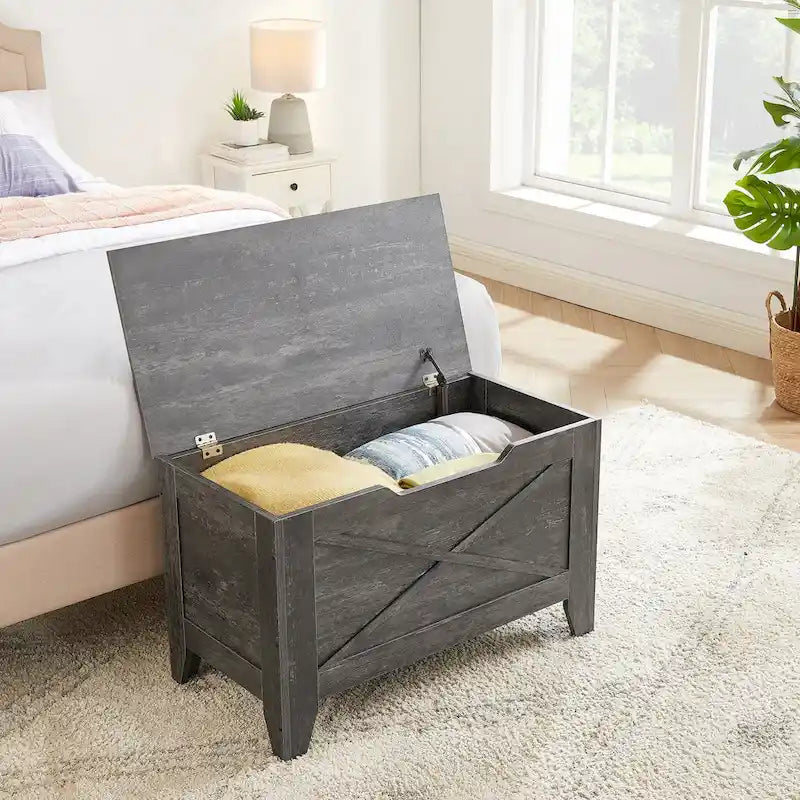 Grey Wooden Storage Bench with Wicker Mat - Medium/Large