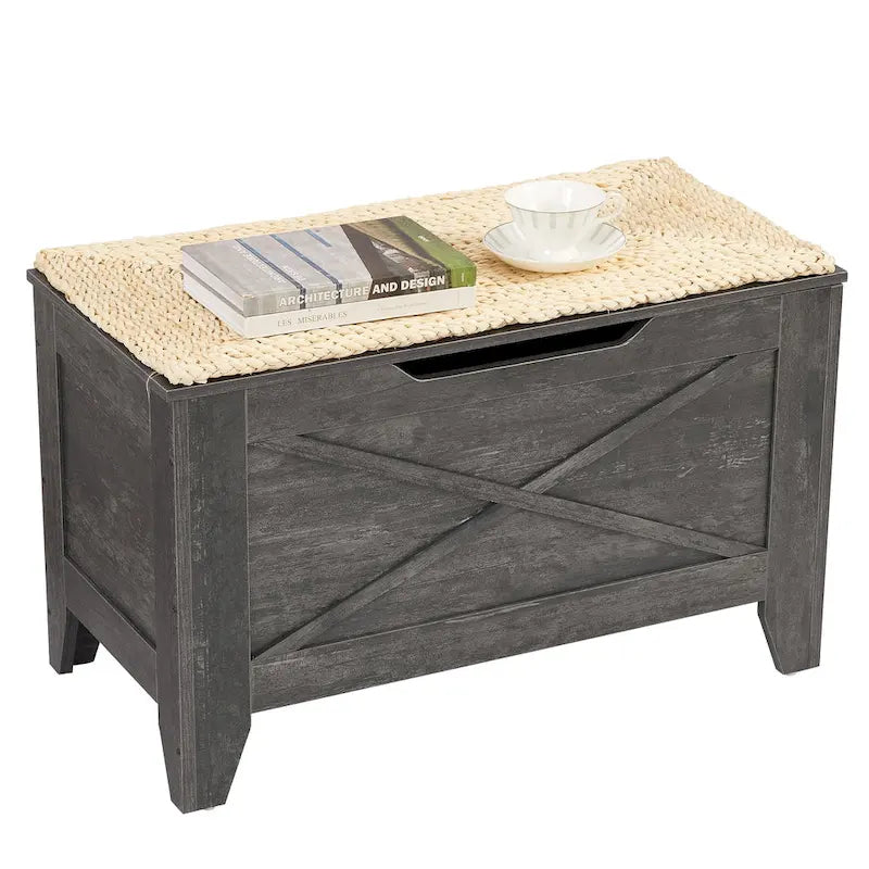 Grey Wooden Storage Bench with Wicker Mat - Medium/Large