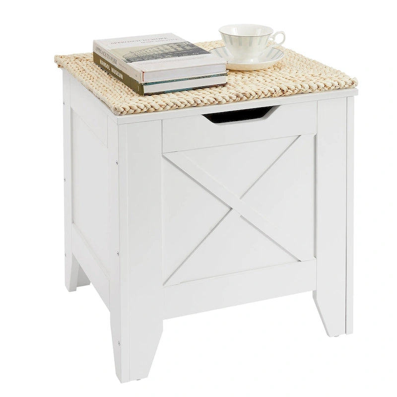Grey Wooden Storage Bench with Wicker Mat - Medium/Large