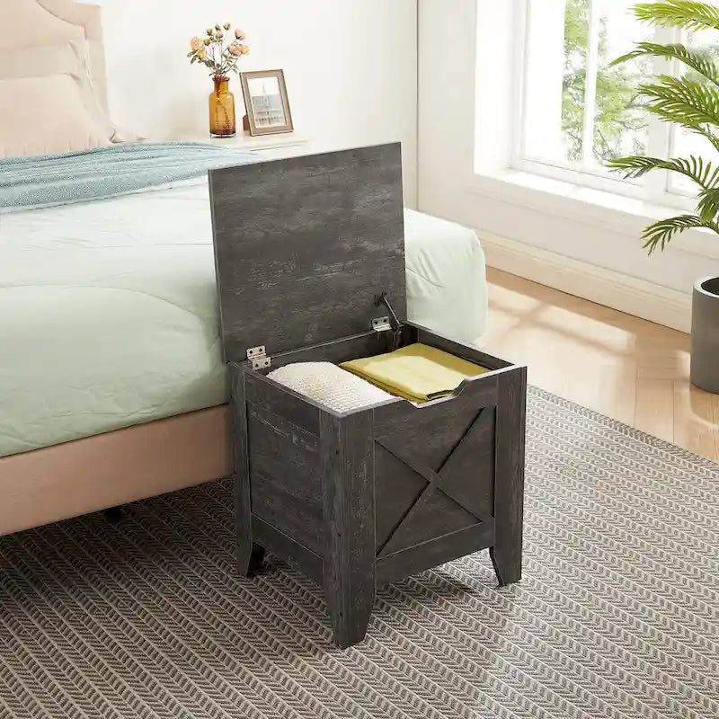 Grey Wooden Storage Bench with Wicker Mat - Medium/Large