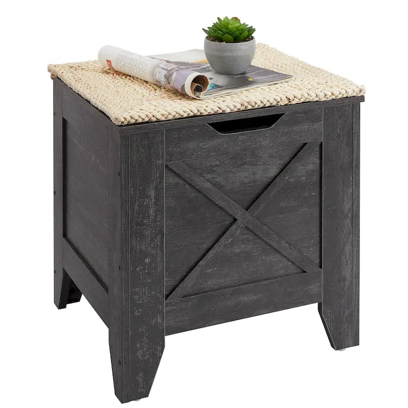 Grey Wooden Storage Bench with Wicker Mat - Medium/Large