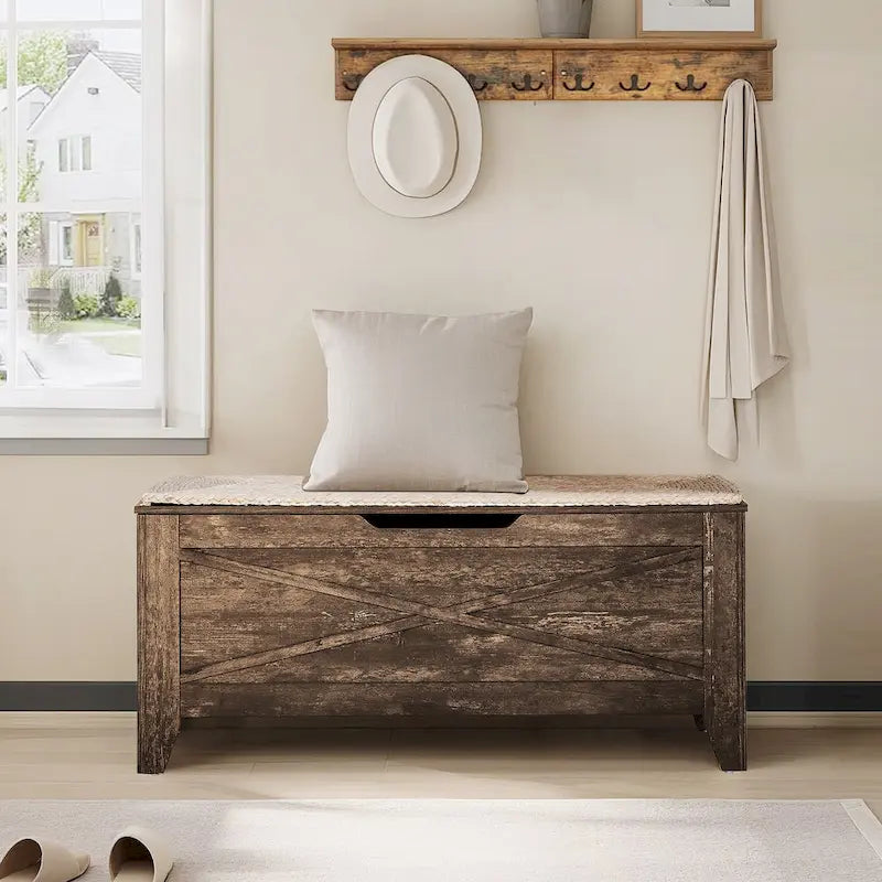 Grey Wooden Storage Bench with Wicker Mat - Medium/Large