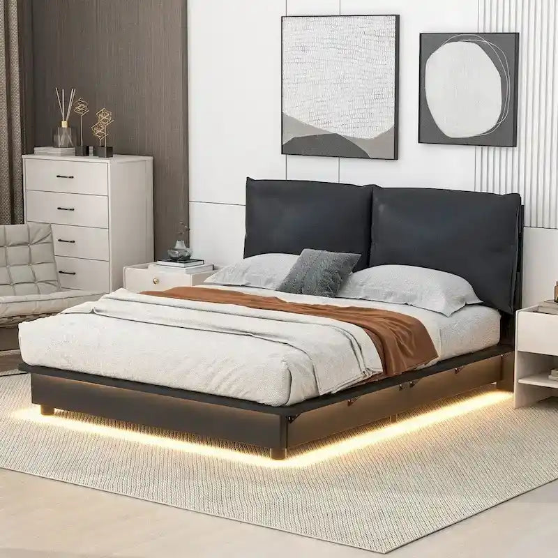 Upholstered Platform Bed with Sensor Light and Ergonomic Design Backrests