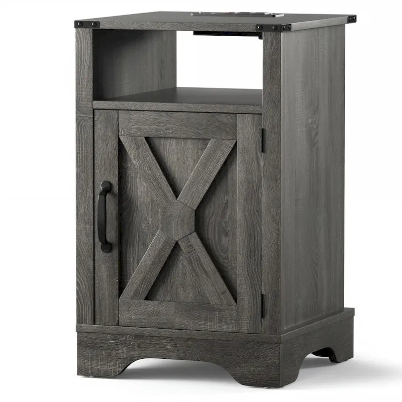 Farmhouse Nightstand with Charging Station and Barn Door