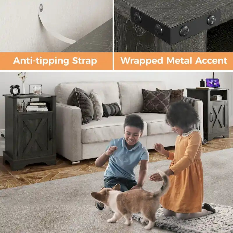 Farmhouse Nightstand with Charging Station and Barn Door