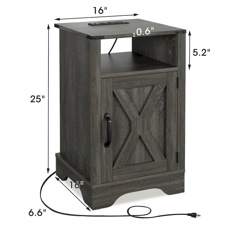 Farmhouse Nightstand with Charging Station and Barn Door